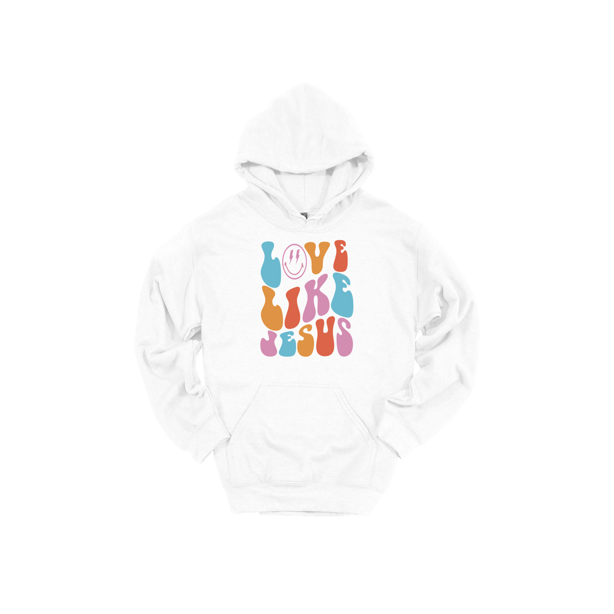 Love Like Jesus Apparel design on adult hoodie in white, front view.
