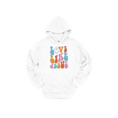 Love Like Jesus Apparel design on adult hoodie in white, front view.