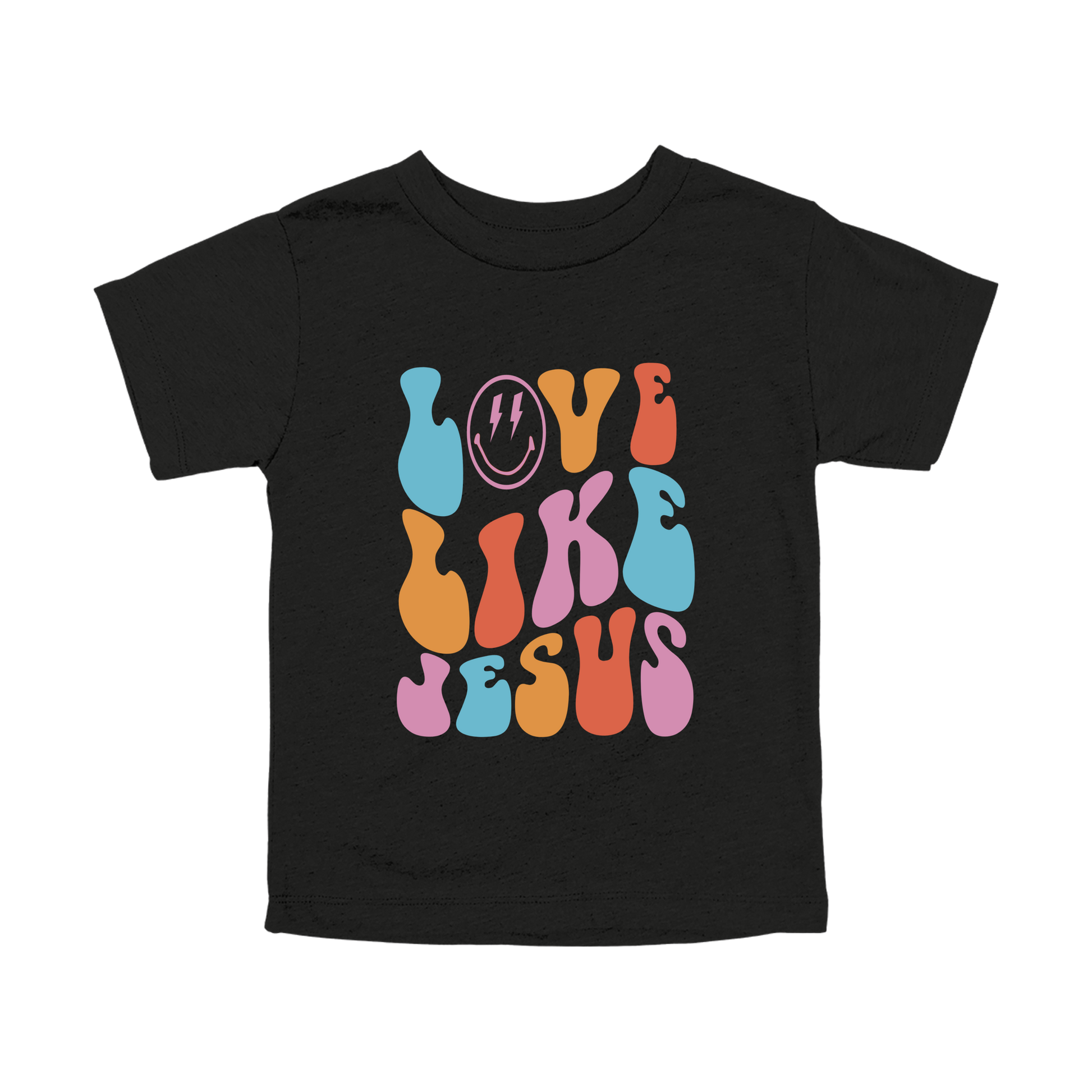 Love Like Jesus Apparel design on toddler tee in black, front view.