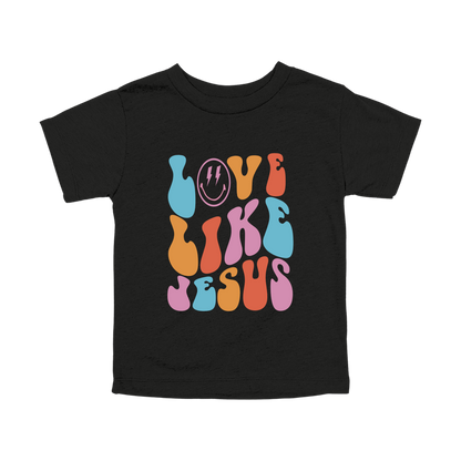Love Like Jesus Apparel design on toddler tee in black, front view.