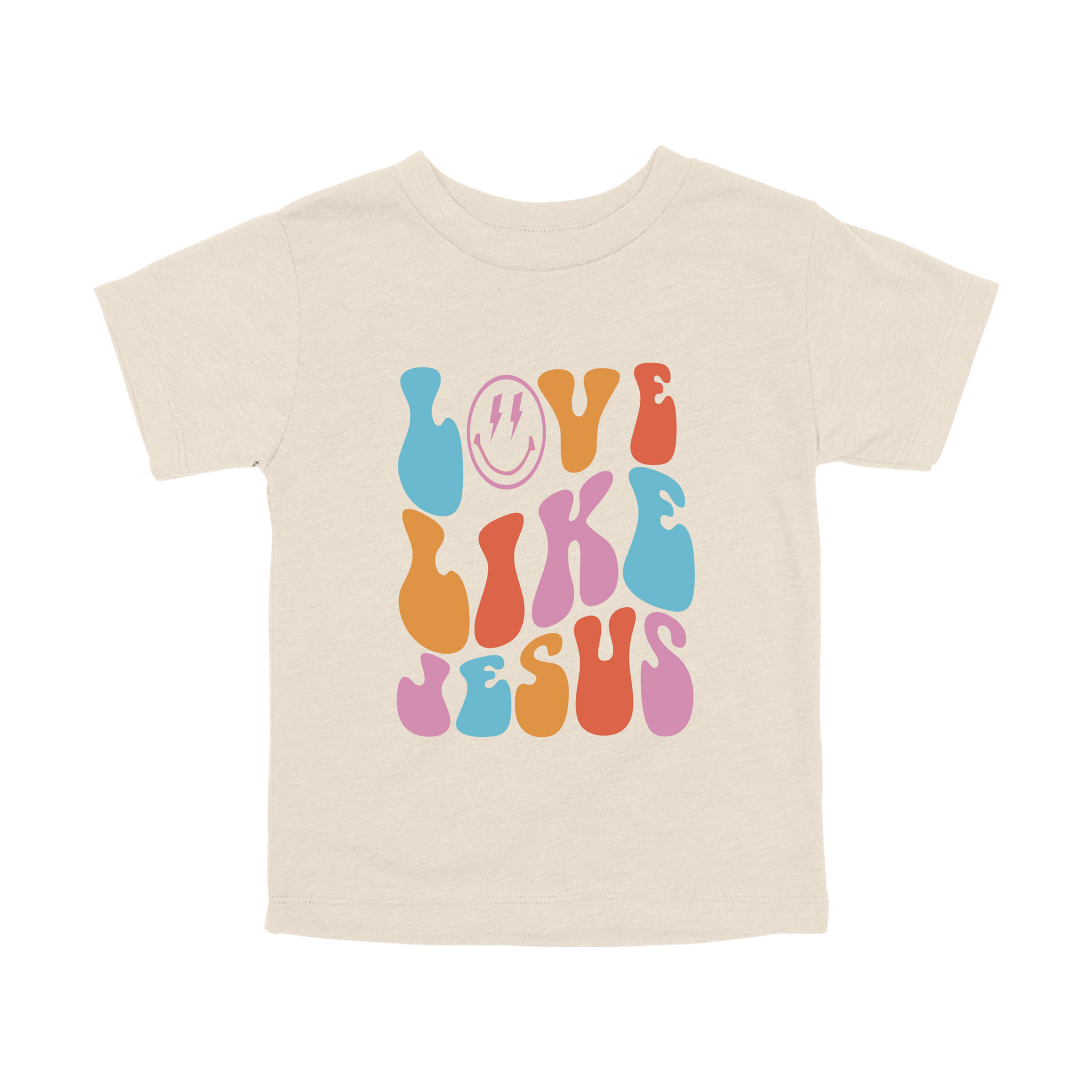 Love Like Jesus Apparel design on toddler tee in tan, front view.