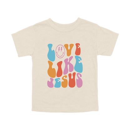 Love Like Jesus Apparel design on toddler tee in tan, front view.