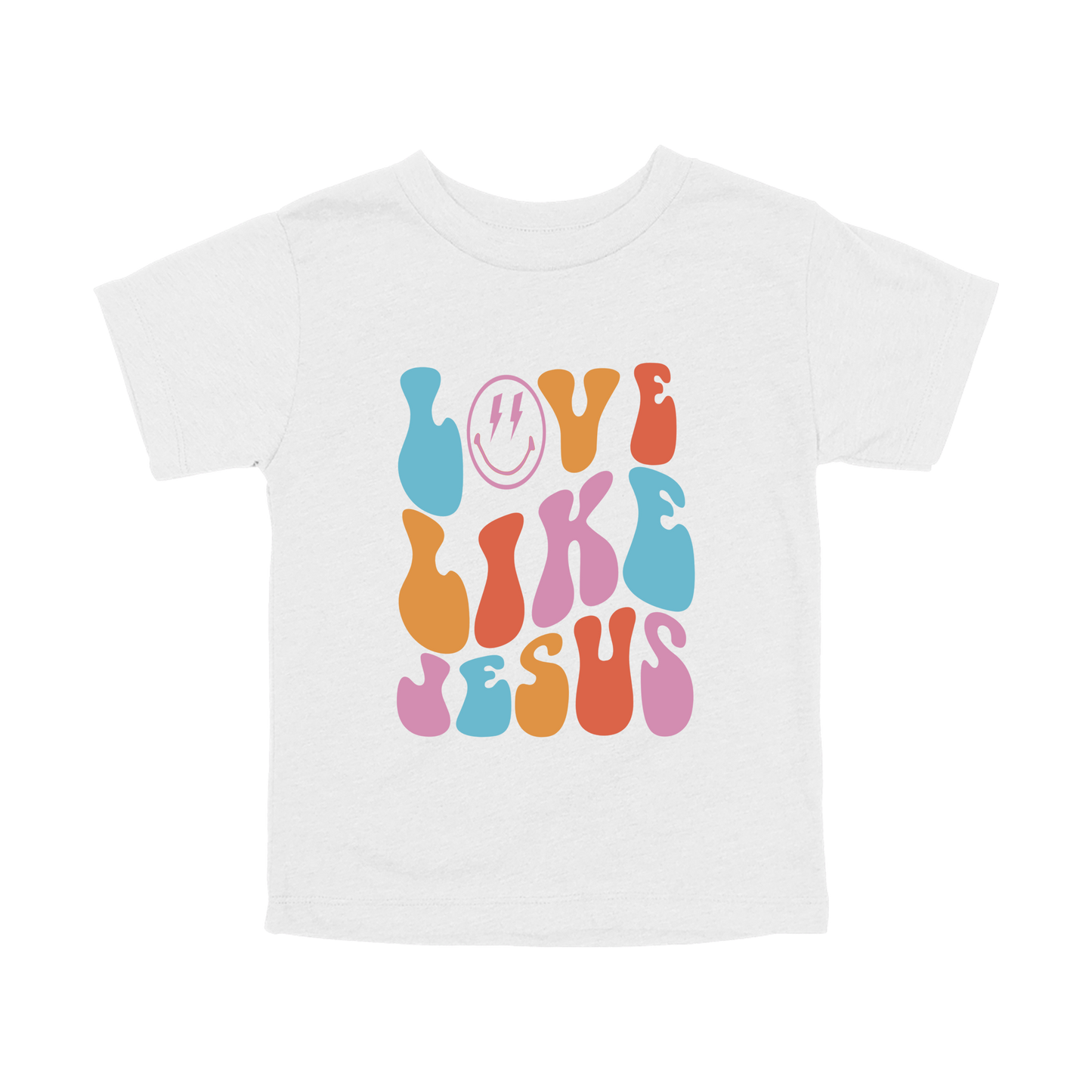 Love Like Jesus Apparel design on toddler tee in white, front view.