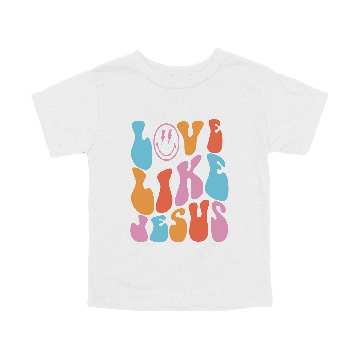Love Like Jesus Apparel design on toddler tee in white, front view.