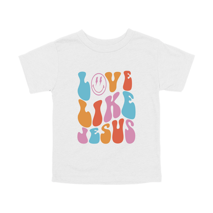 Love Like Jesus Apparel design on toddler tee in white, front view.