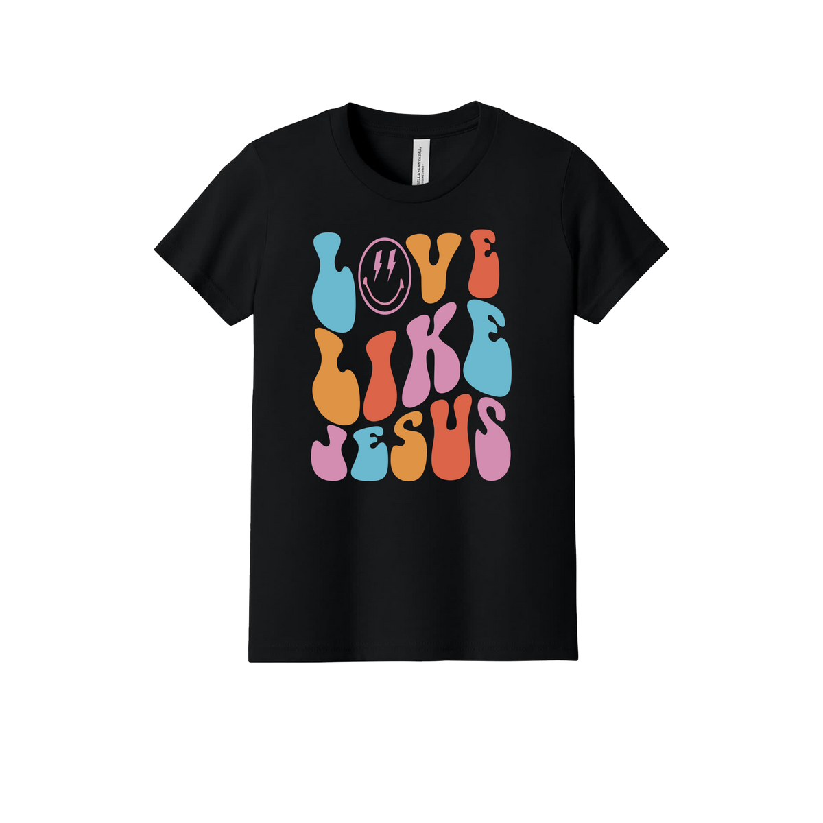 Love Like Jesus Apparel design on official Youth Bella+Canvas T-shirt in Black, front view.
