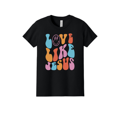Love Like Jesus Apparel design on official Youth Bella+Canvas T-shirt in Black, front view.