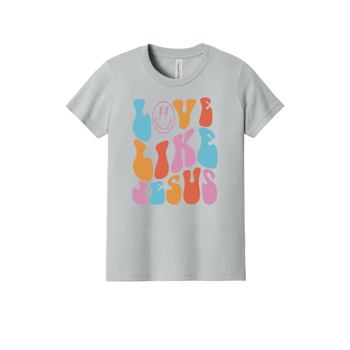 Love Like Jesus Apparel design on youth tee in gray, front view.
