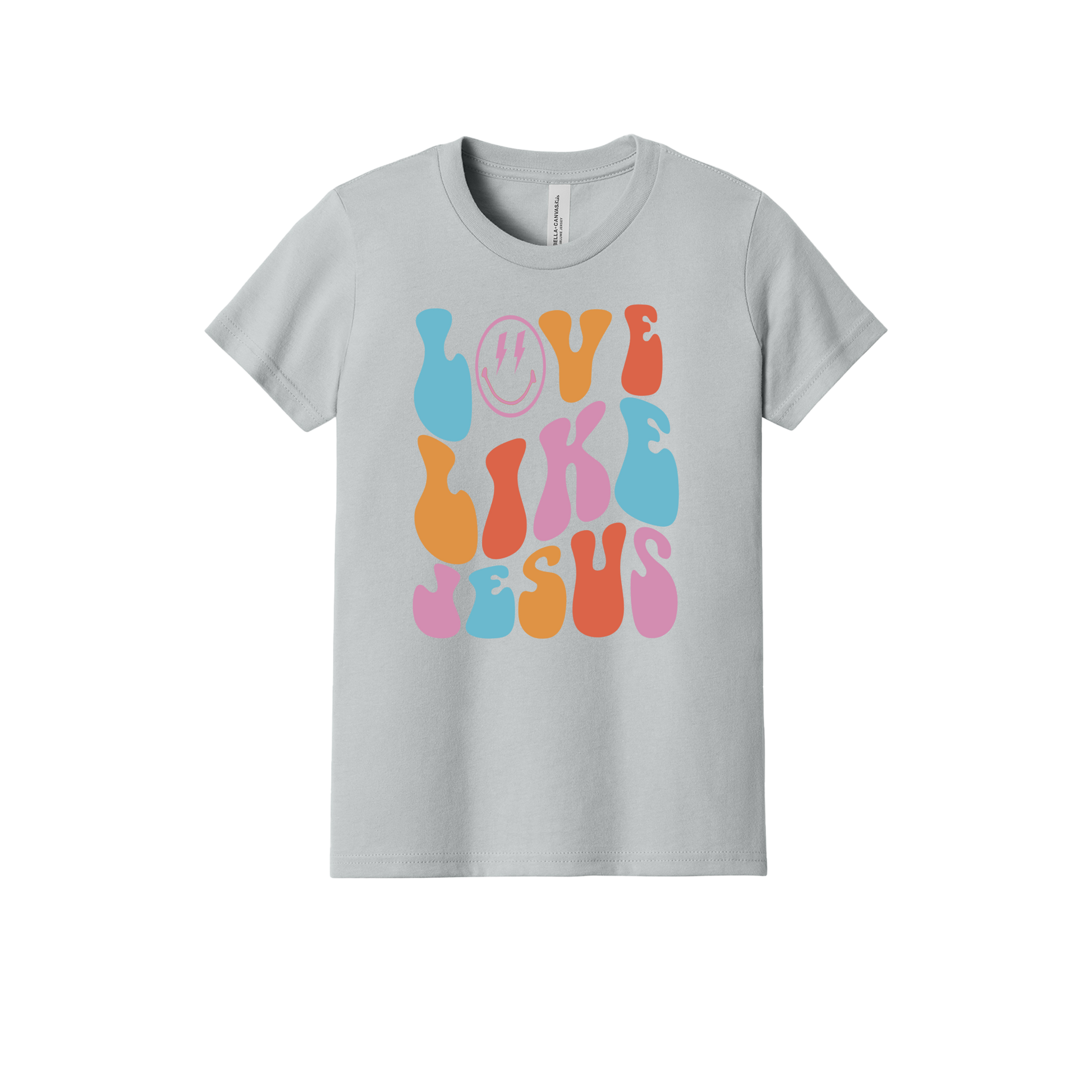 Love Like Jesus Apparel design on youth tee in gray, front view.