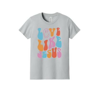 Love Like Jesus Apparel design on youth tee in gray, front view.
