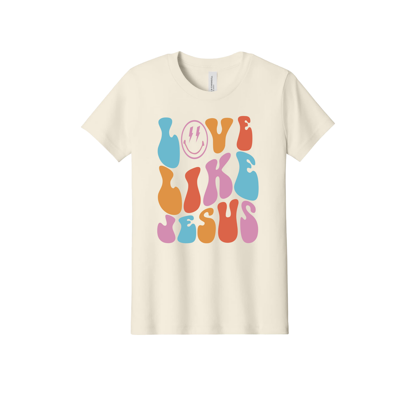 Love Like Jesus Apparel design on official Youth Bella+Canvas T-shirt in Natural, front view.