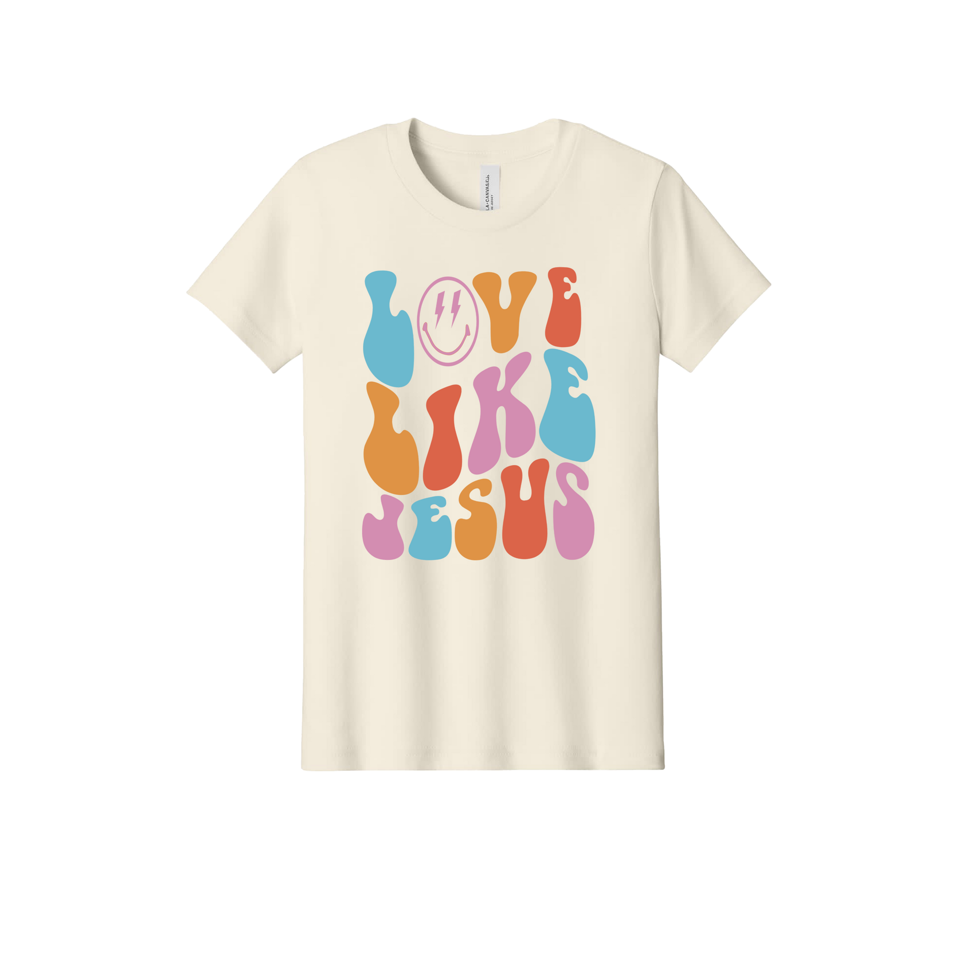 Love Like Jesus Apparel design on official Youth Bella+Canvas T-shirt in Natural, front view.