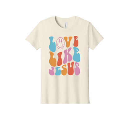 Love Like Jesus Apparel design on official Youth Bella+Canvas T-shirt in Natural, front view.