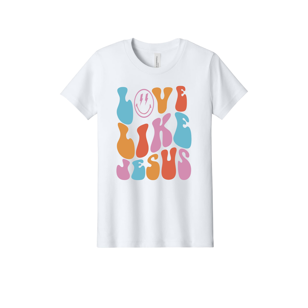 Love Like Jesus Apparel design on official Youth Bella+Canvas T-shirt in White, front view.
