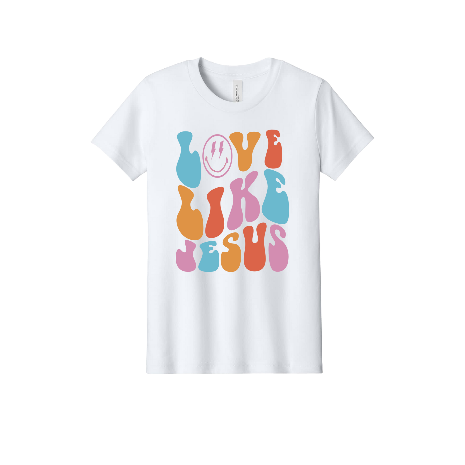 Love Like Jesus Apparel design on official Youth Bella+Canvas T-shirt in White, front view.