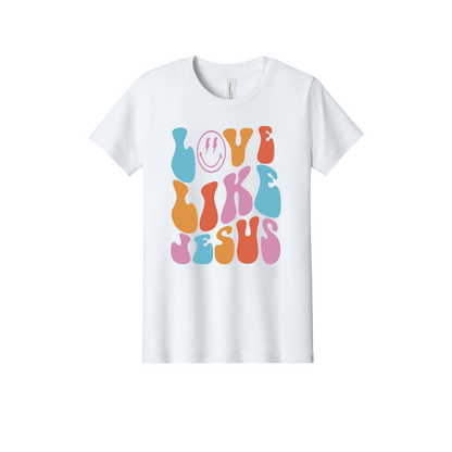 Love Like Jesus Apparel design on official Youth Bella+Canvas T-shirt in White, front view.