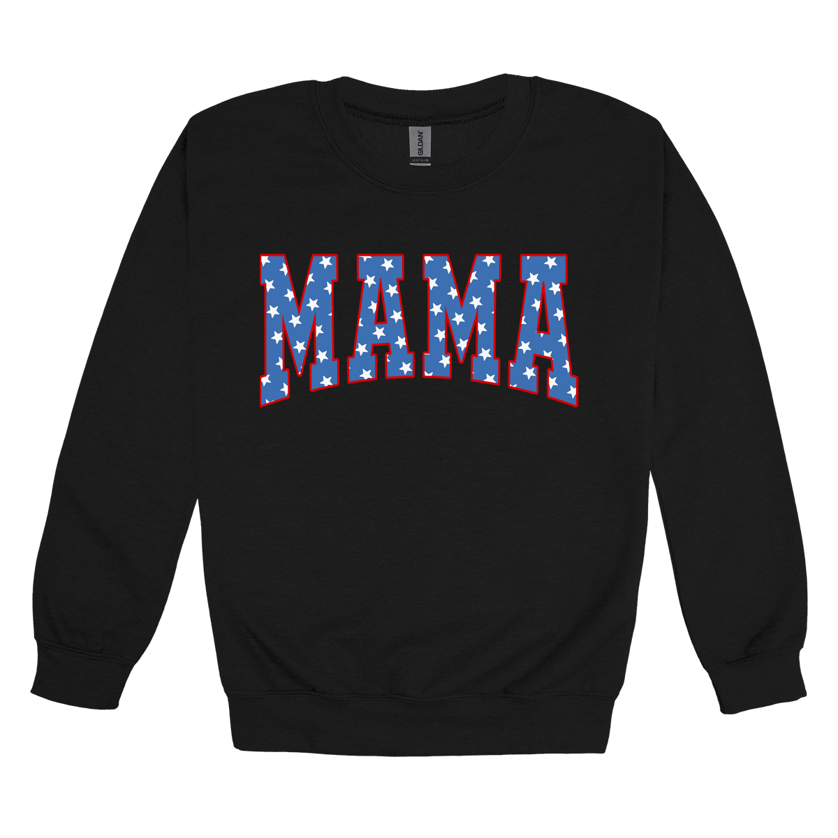 Mama Patriotic Varsity Apparel design on adult crewneck in black, front view.