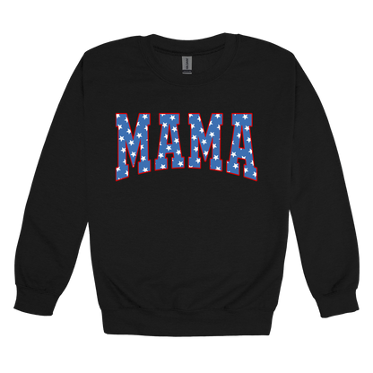 Mama Patriotic Varsity Apparel design on adult crewneck in black, front view.