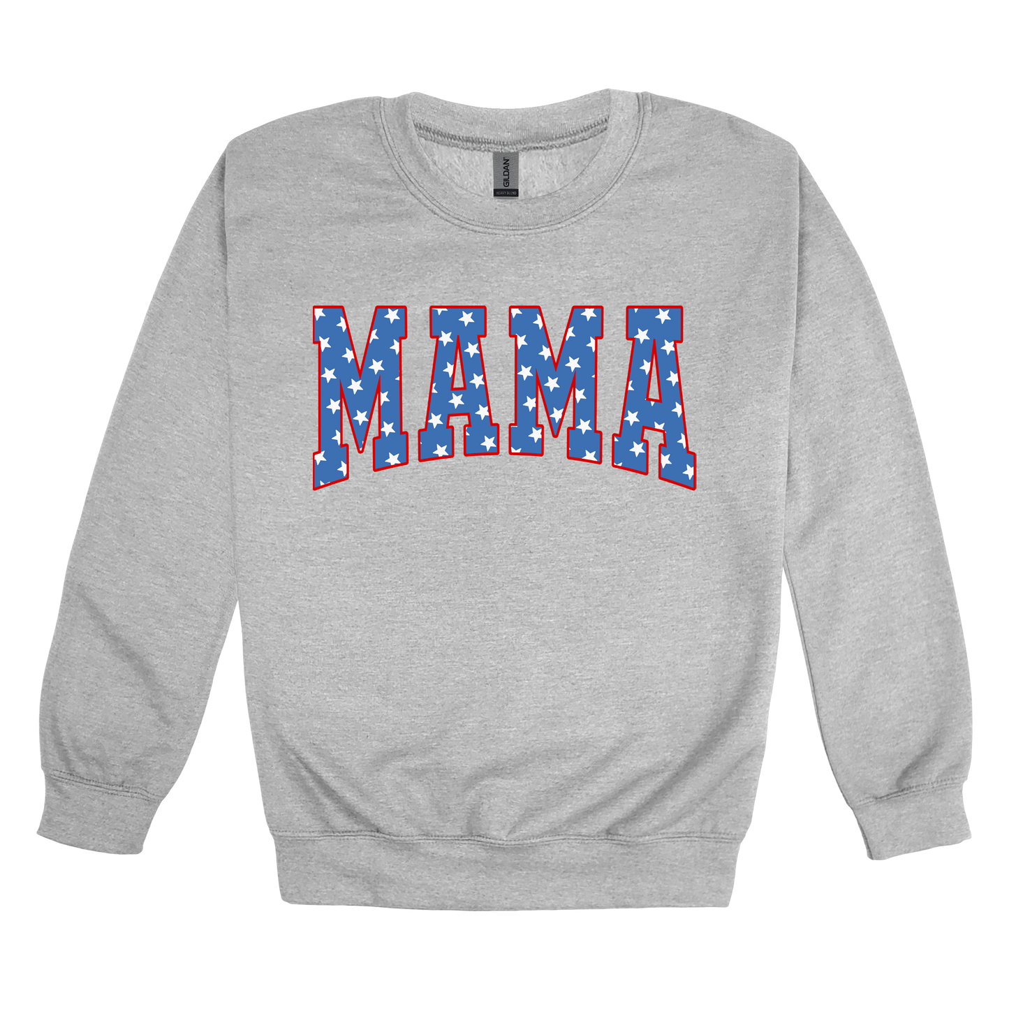Mama Patriotic Varsity Apparel design on adult crewneck in gray, front view.
