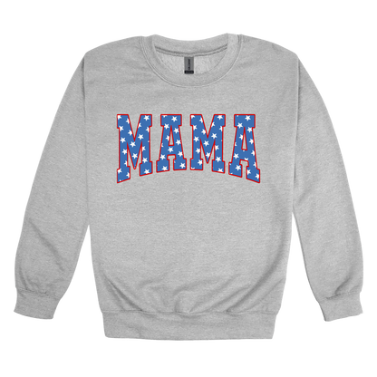 Mama Patriotic Varsity Apparel design on adult crewneck in gray, front view.