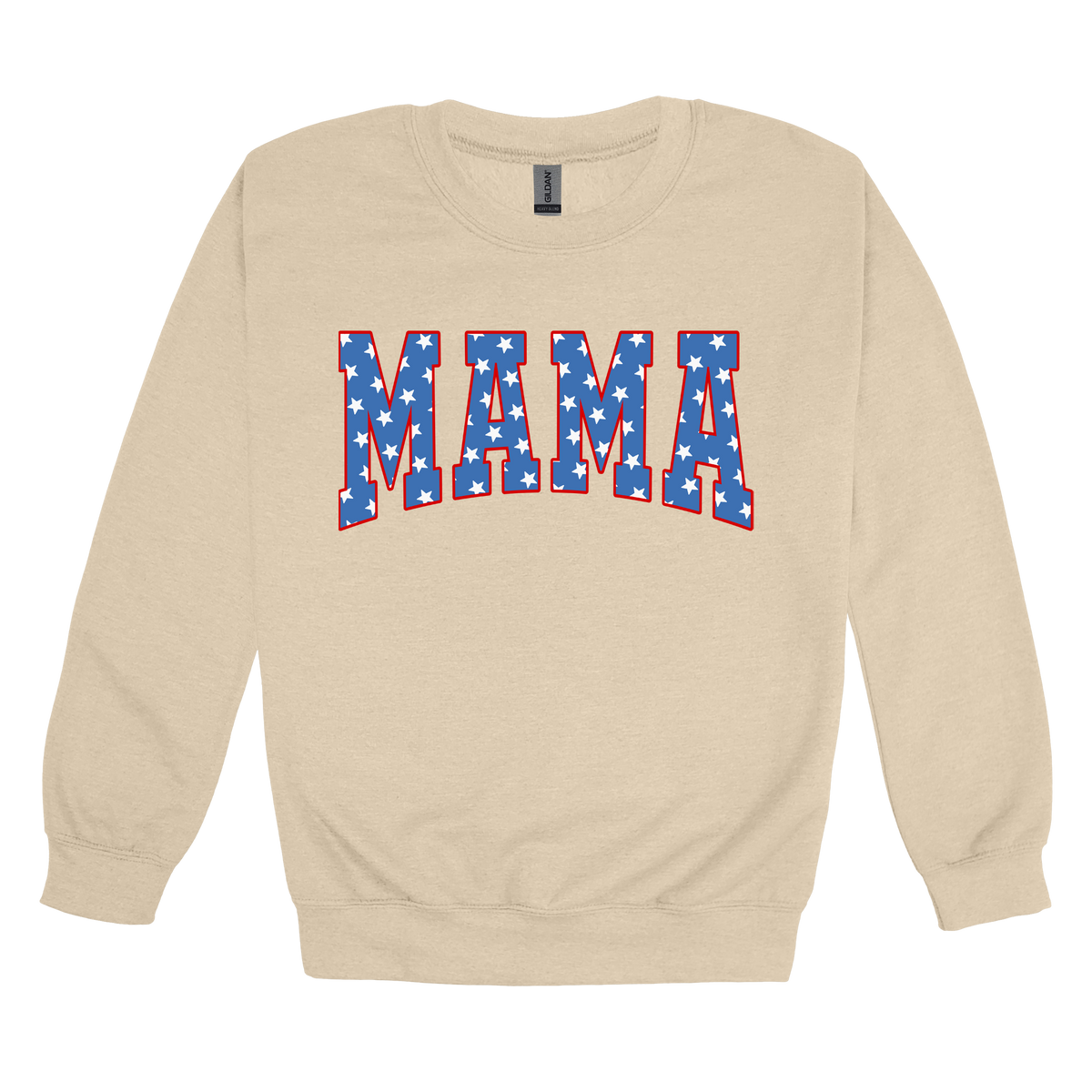 Mama Patriotic Varsity Apparel design on adult crewneck in tan, front view.