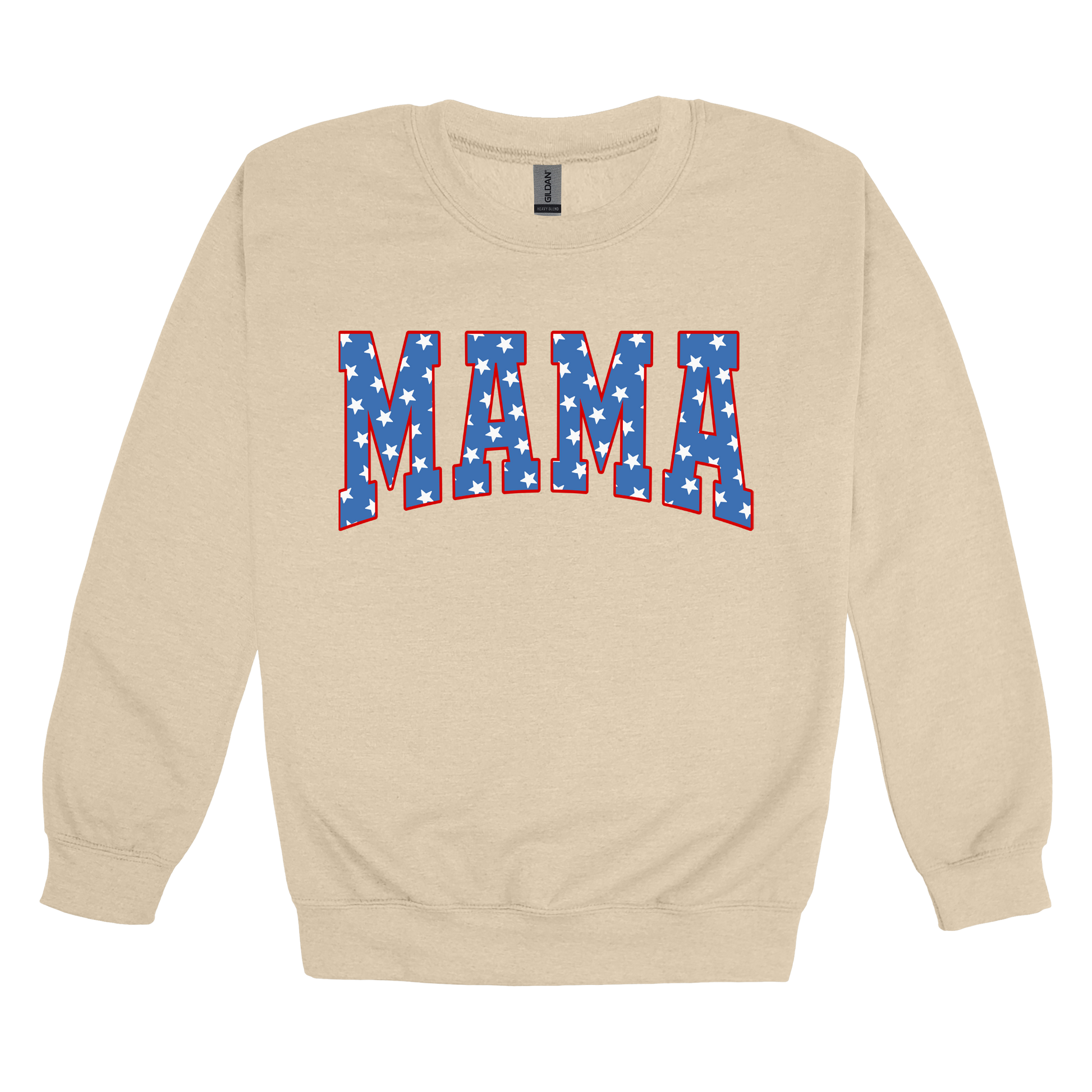 Mama Patriotic Varsity Apparel design on adult crewneck in tan, front view.
