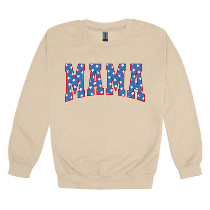 Mama Patriotic Varsity Apparel design on adult crewneck in tan, front view.