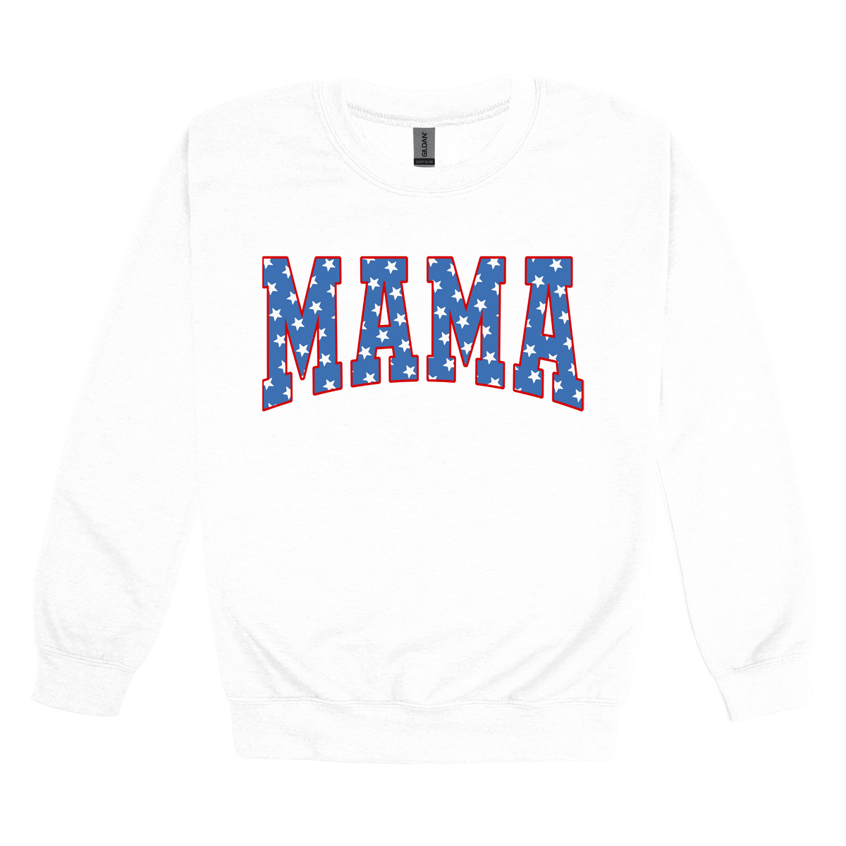 Mama Patriotic Varsity Apparel design on adult crewneck in white, front view.