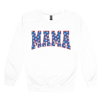 Mama Patriotic Varsity Apparel design on adult crewneck in white, front view.