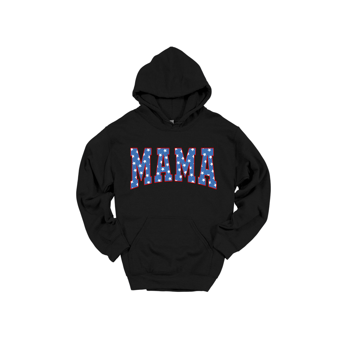 Mama Patriotic Varsity Apparel design on adult hoodie in black, front view.