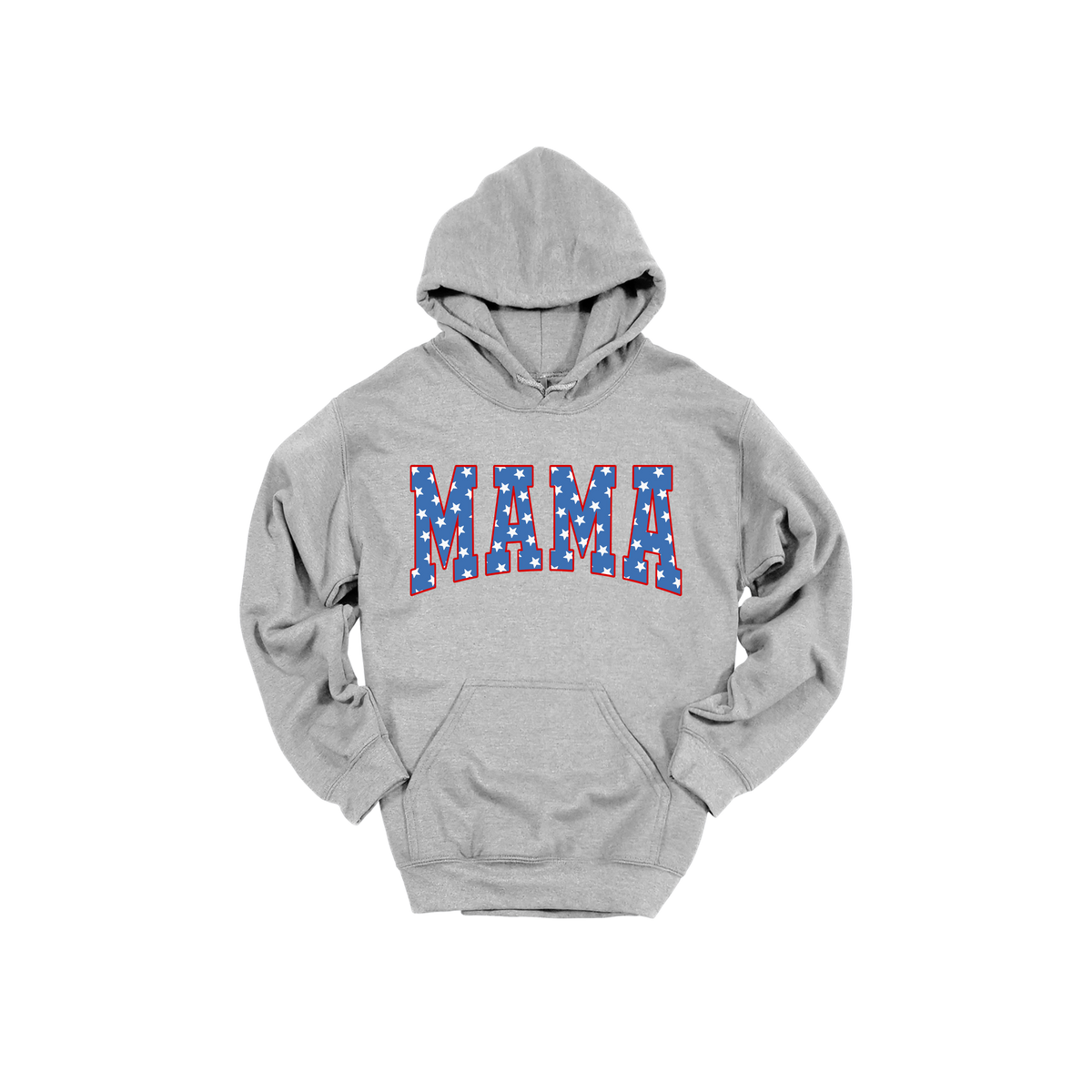 Mama Patriotic Varsity Apparel design on adult hoodie in gray, front view.