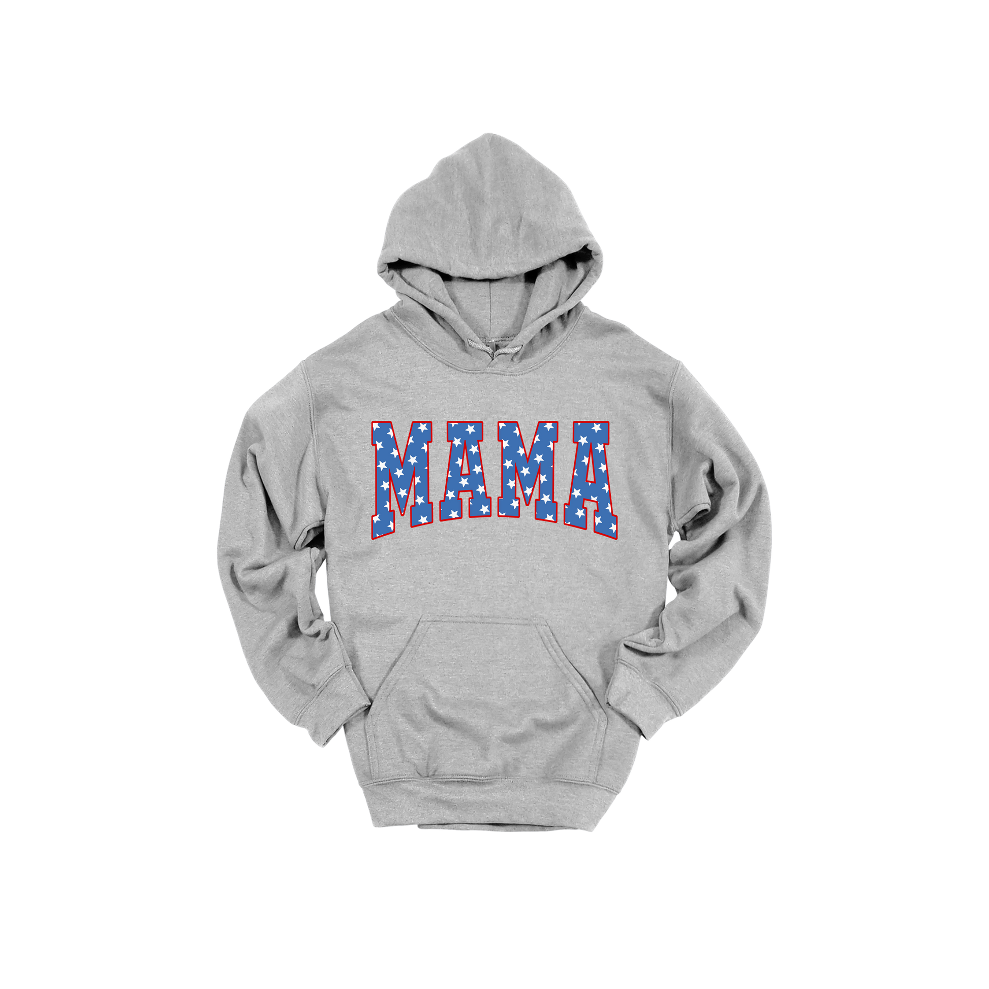 Mama Patriotic Varsity Apparel design on adult hoodie in gray, front view.