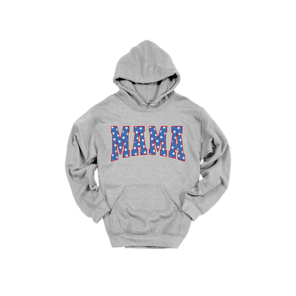 Mama Patriotic Varsity Apparel design on adult hoodie in gray, front view.