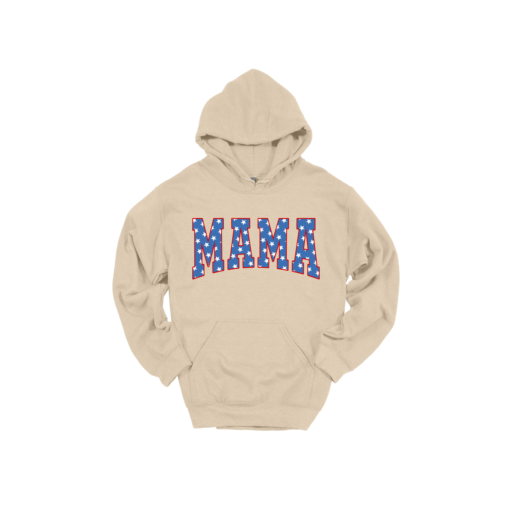 Mama Patriotic Varsity Apparel design on adult hoodie in tan, front view.