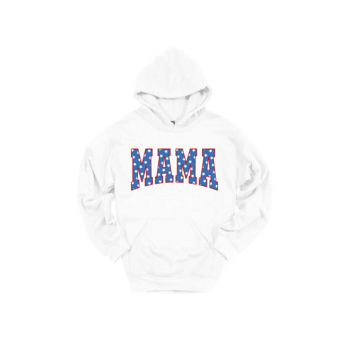 Mama Patriotic Varsity Apparel design on adult hoodie in white, front view.