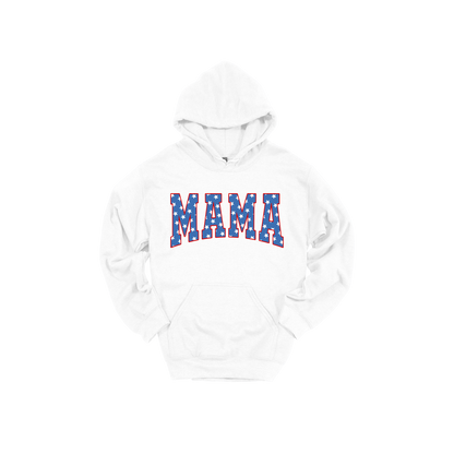 Mama Patriotic Varsity Apparel design on adult hoodie in white, front view.