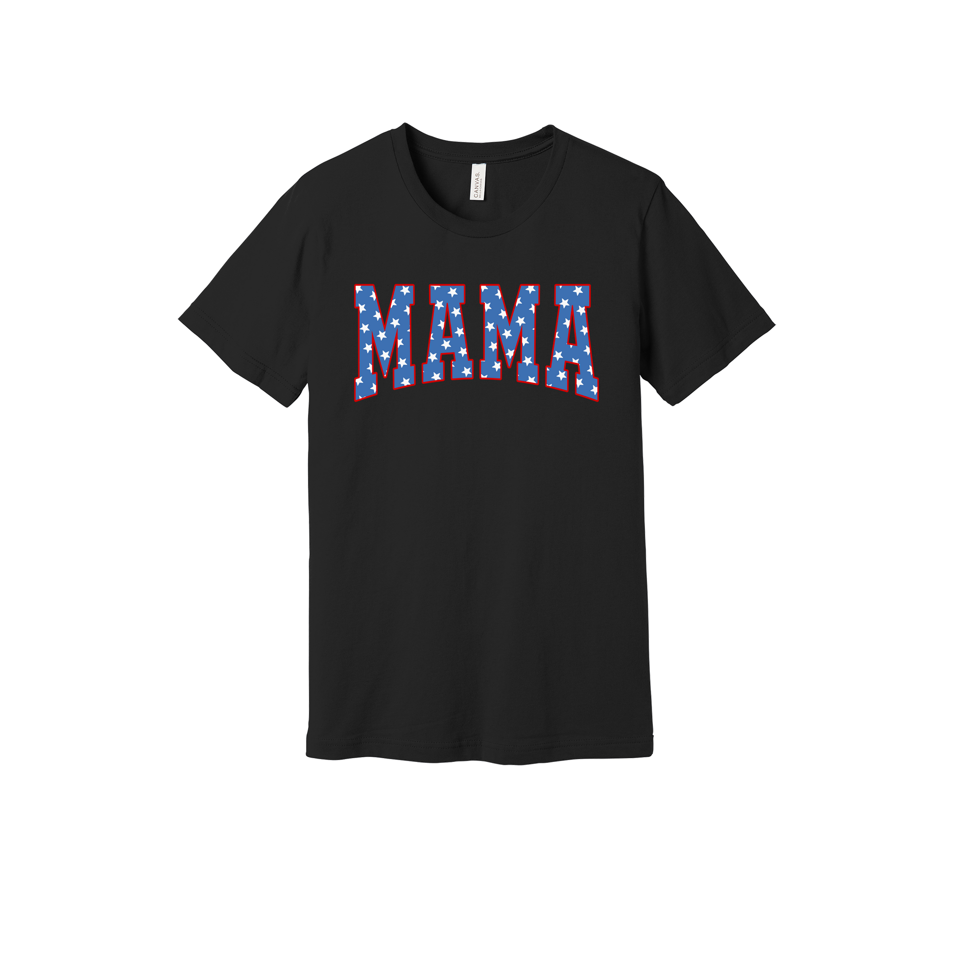 Mama Patriotic Varsity Apparel design on adult tee in black, front view.
