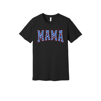 Mama Patriotic Varsity Apparel design on adult tee in black, front view.