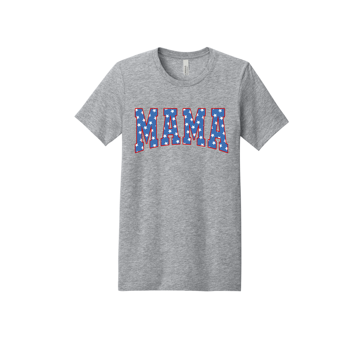 Mama Patriotic Varsity Apparel design on adult tee in gray, front view.