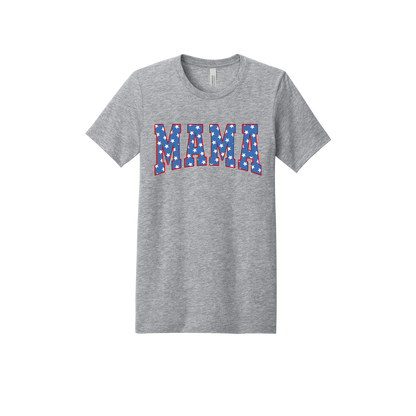 Mama Patriotic Varsity Apparel design on adult tee in gray, front view.