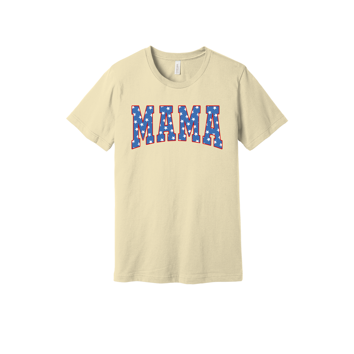 Mama Patriotic Varsity Apparel design on adult tee in tan, front view.
