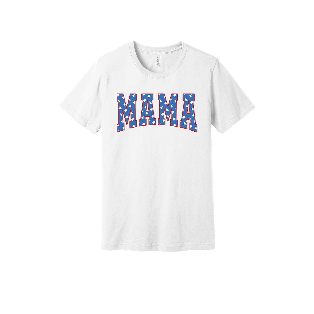 Mama Patriotic Varsity Apparel design on adult tee in white, front view.