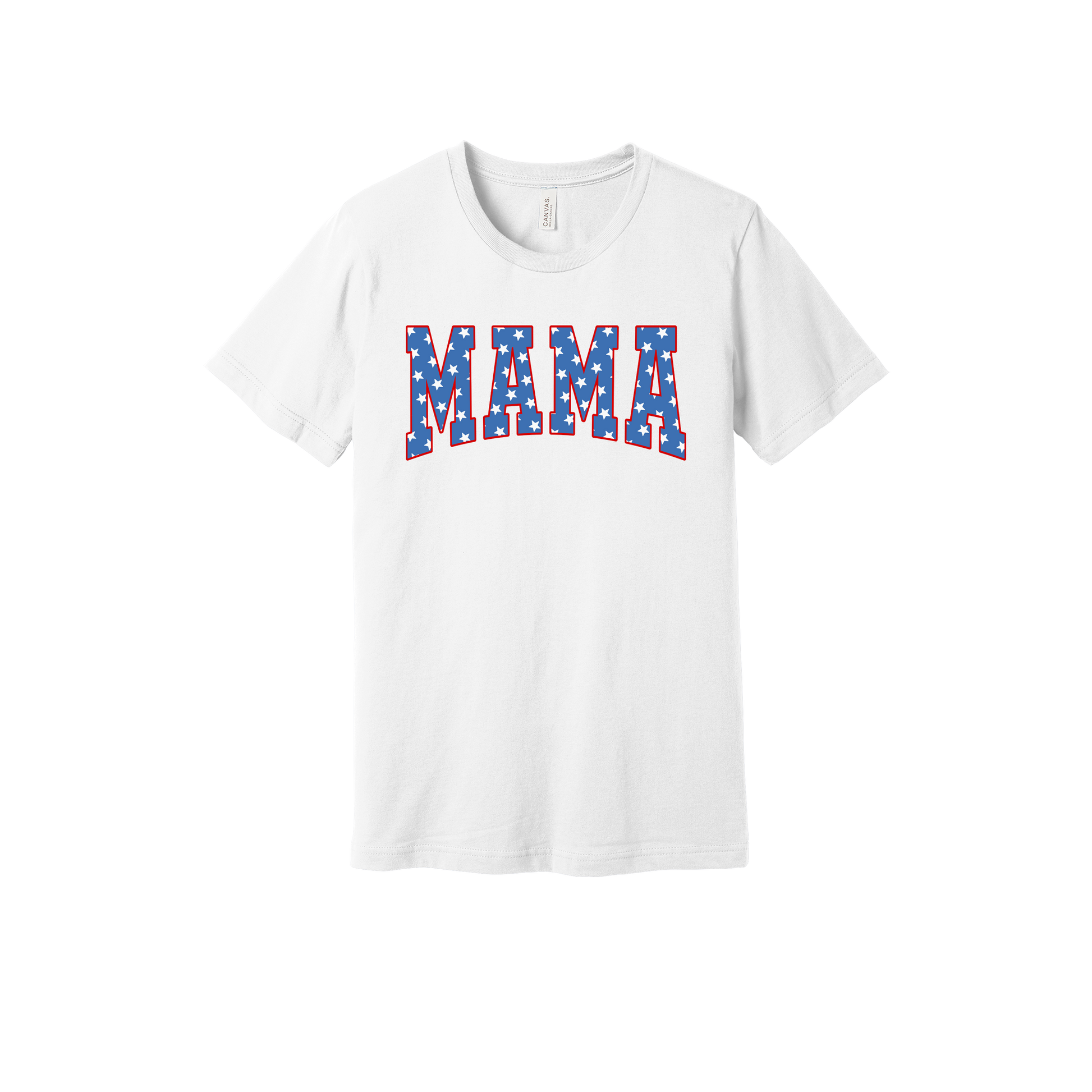 Mama Patriotic Varsity Apparel design on adult tee in white, front view.