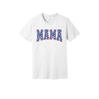 Mama Patriotic Varsity Apparel design on adult tee in white, front view.