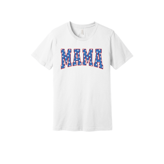 Mama Patriotic Varsity Apparel design on adult tee in white, front view.