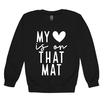 My Heart Is on That Mat Apparel design on adult crewneck in black, front view.