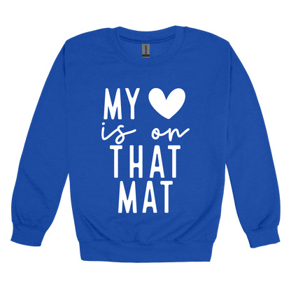 My Heart Is on That Mat Apparel design on adult crewneck in blue, front view.