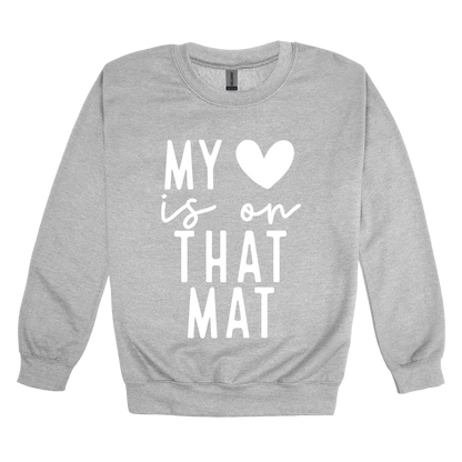 My Heart Is on That Mat Apparel design on adult crewneck in gray, front view.