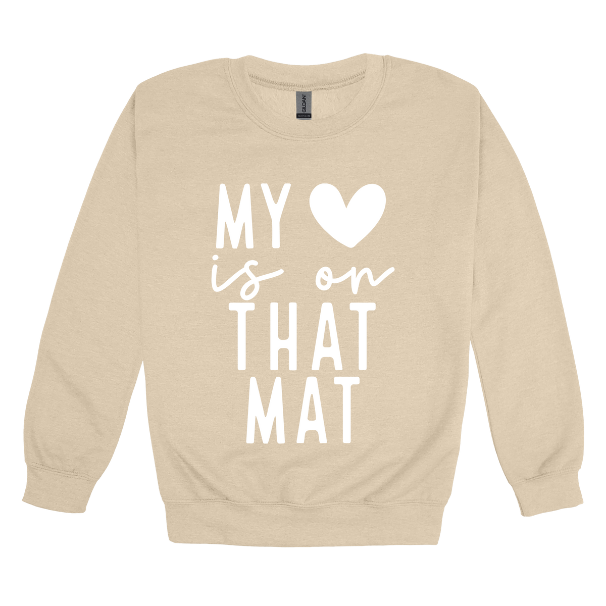 My Heart Is on That Mat Apparel design on adult crewneck in tan, front view.