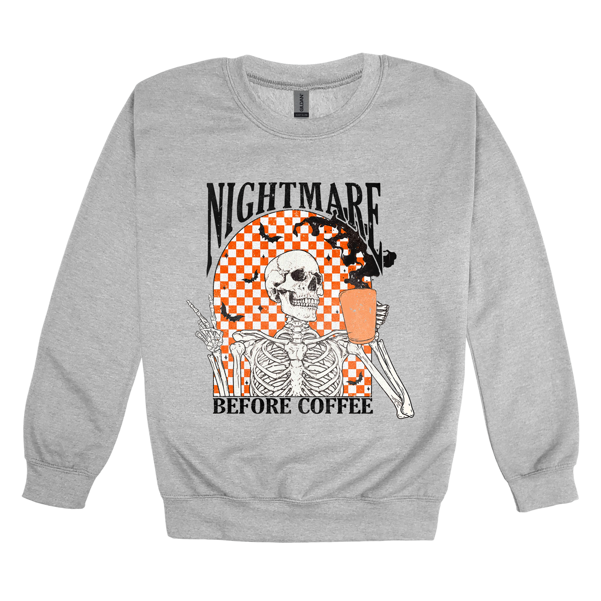 Nightmare Before Coffee Apparel design on adult crewneck in gray, front view.